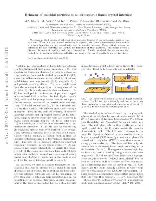 (PDF) Behavior of colloidal particles at a nematic liquid crystal ...