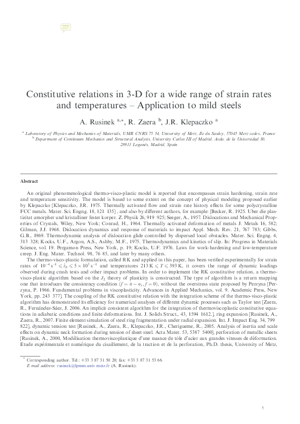 (PDF) Constitutive relations in 3-D for a wide range of strain rates ...