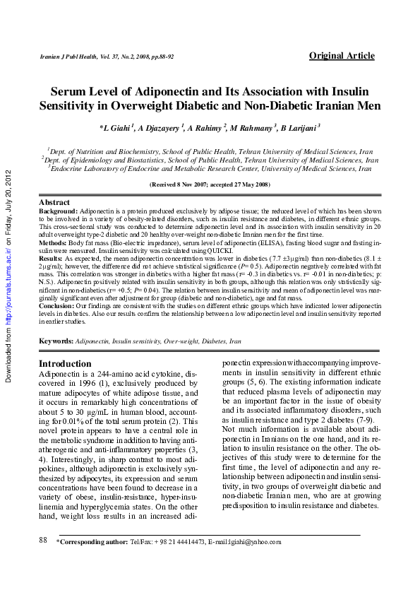 (PDF) Serum level of adiponectin and its association with insulin ...