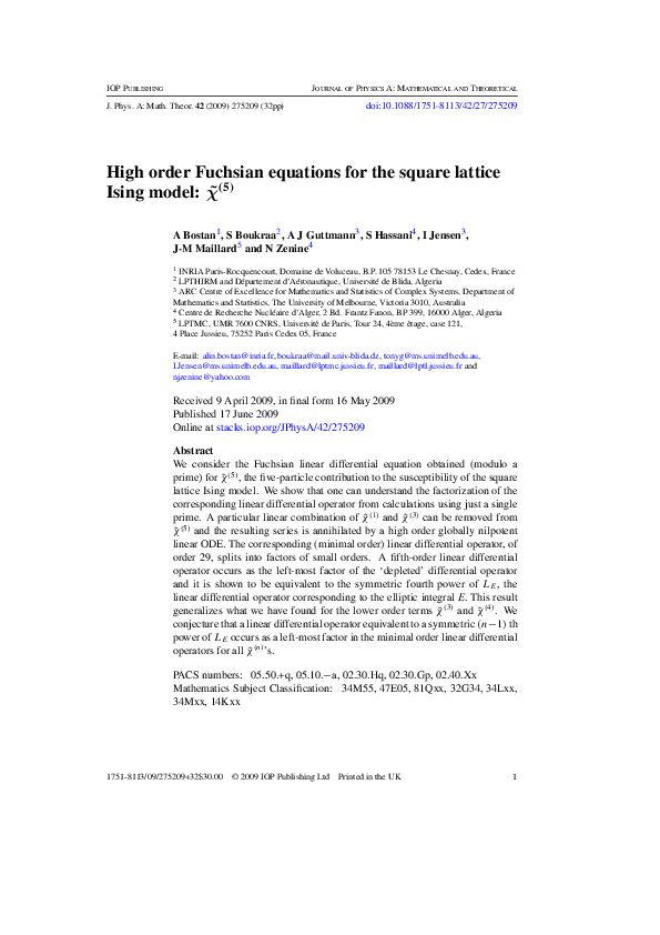 (PDF) High-order Fuchsian equations for the square lattice Ising model ...