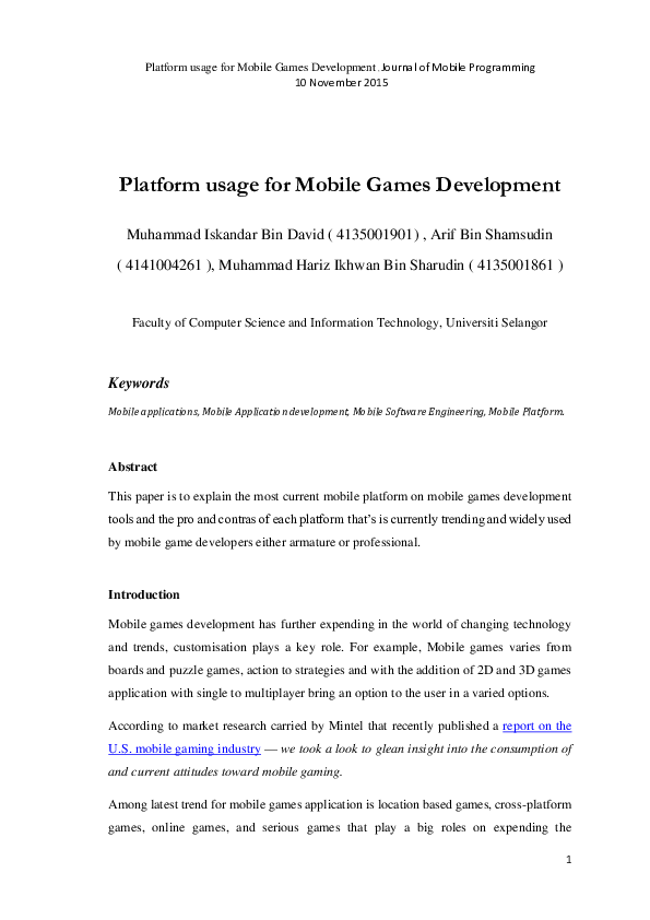 (PDF) Platform usage for Mobile Games Development