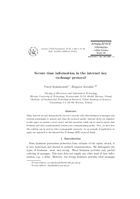 (PDF) Secure time information in the internet key exchange protocol