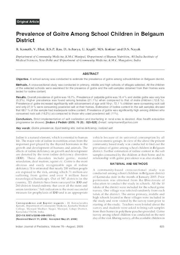 (PDF) Prevalence of goitre among school children in Belgaum district