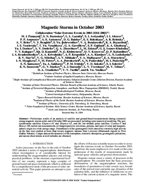 (PDF) Magnetic Storms in October 2003