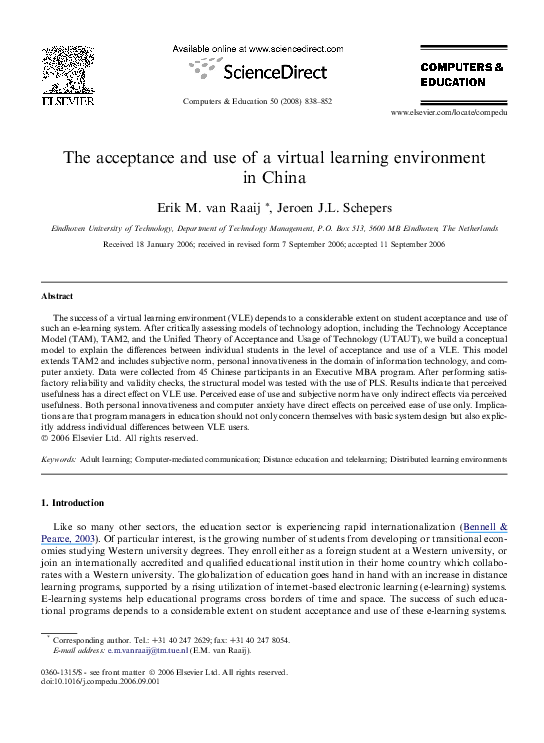 (PDF) The acceptance and use of a virtual learning environment in China