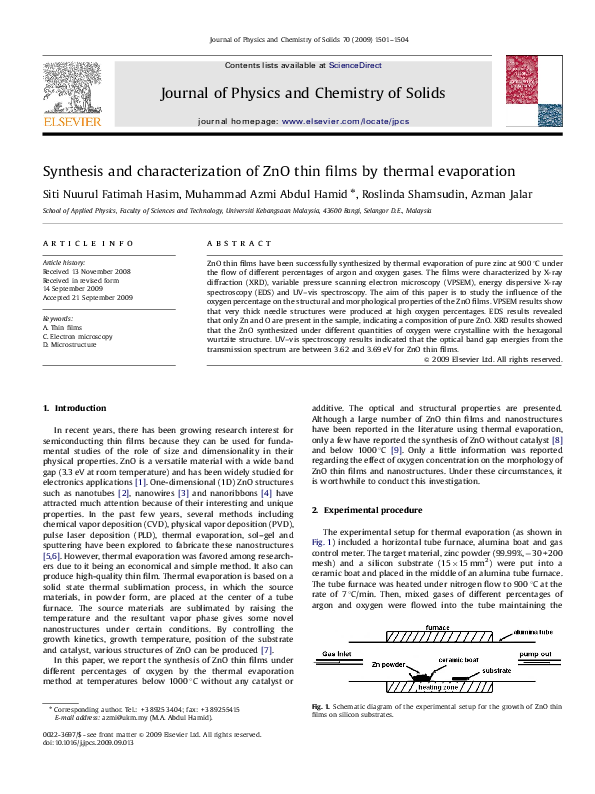 (PDF) Synthesis and characterization of ZnO thin films by thermal ...