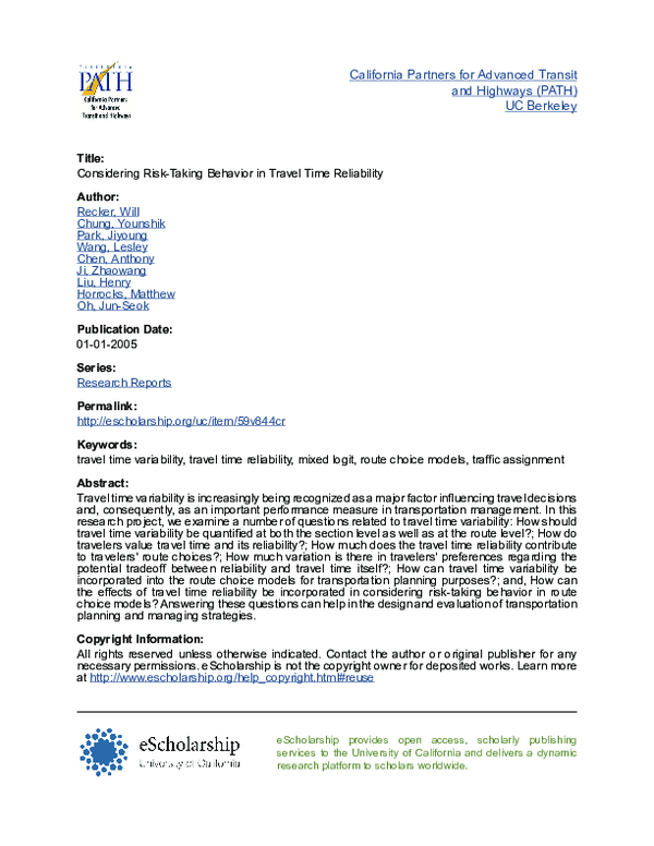 (PDF) Considering risk taking behavior in travel time reliability