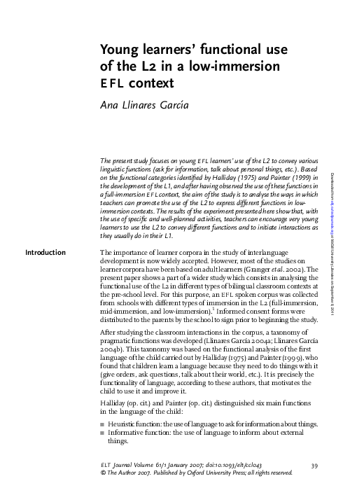 (PDF) Young learners' functional use of the L2 in a low-immersion EFL ...