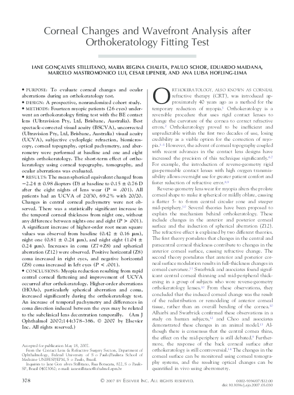 (PDF) Corneal Changes and Wavefront Analysis after Orthokeratology ...