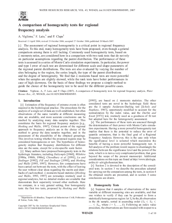 (PDF) A comparison of homogeneity tests for regional frequency analysis
