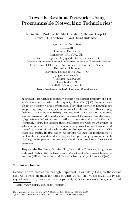 Pdf Towards Resilient Networks Using Programmable Networking Technologies