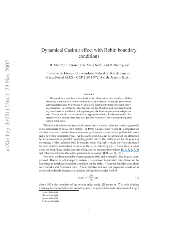 (PDF) Dynamical Casimir Effect with Robin Boundary Conditions in a ...