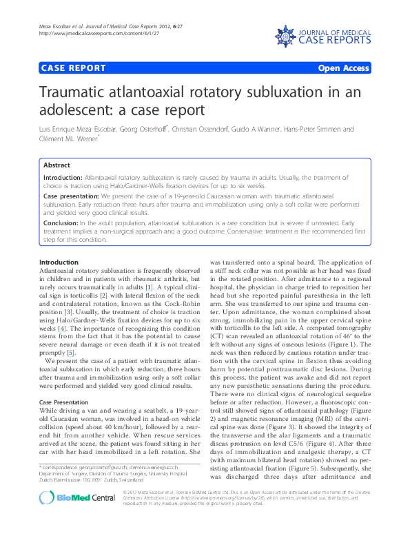 (PDF) Traumatic atlantoaxial rotatory subluxation in an adolescent: a ...