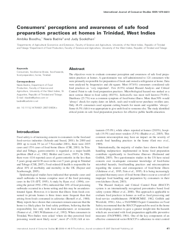 (PDF) Consumers' perceptions and awareness of safe food preparation