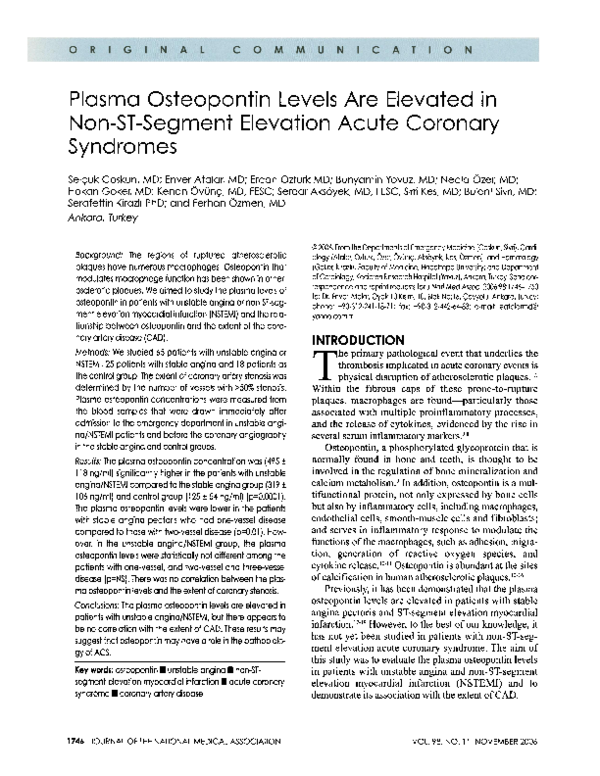(PDF) Plasma osteopontin levels are elevated in non-ST-segment ...