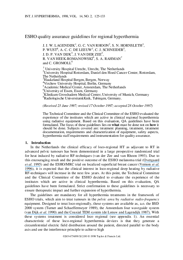 (PDF) Esho Quality Assurance Guidelines for Regional Hyperthermia