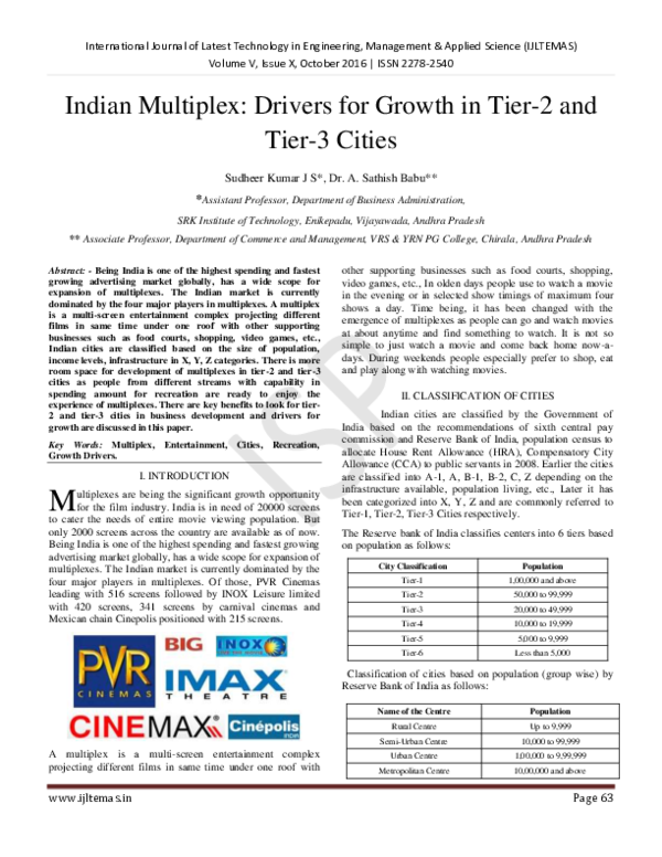 (PDF) Indian Multiplex: Drivers for Growth in Tier-2 and Tier-3 Cities