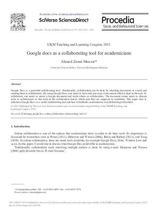 (PDF) Google Docs as a Collaborating Tool for Academicians