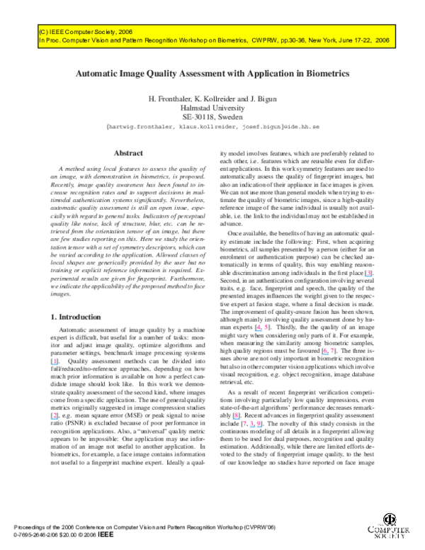 (PDF) Automatic Image Quality Assessment with Application in Biometrics