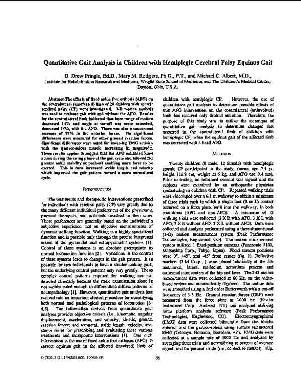 (PDF) Quantitative gait analysis in children with hemiplegic cerebral ...