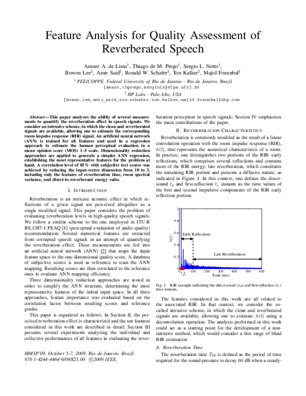 (PDF) Feature analysis for quality assessment of reverberated speech