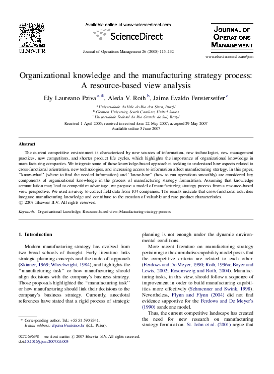 pdf organizational knowledge and the manufacturing strategy process