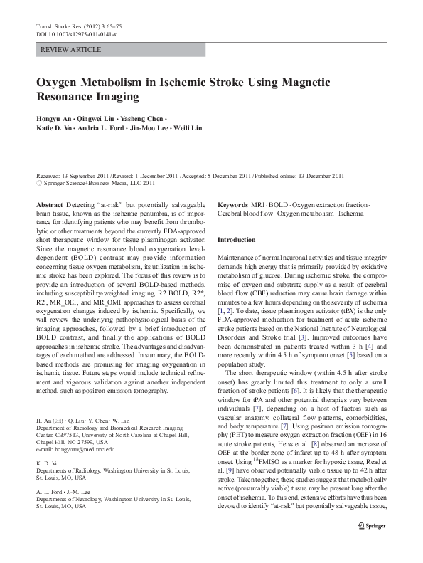 (PDF) Oxygen Metabolism in Ischemic Stroke Using Magnetic Resonance Imaging