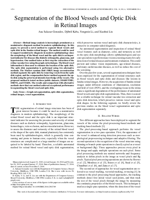 (PDF) Segmentation of the Blood Vessels and Optic Disk in Retinal Images