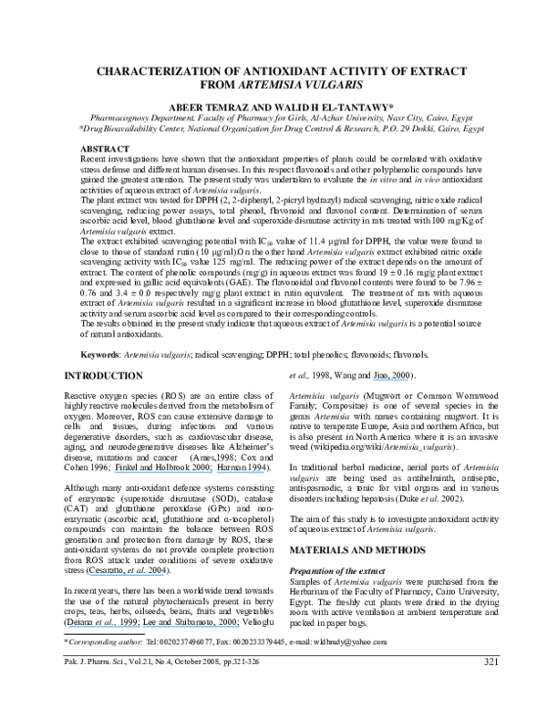 PDF) Characterization of antioxidant activity of extract from Artemisia  vulgaris