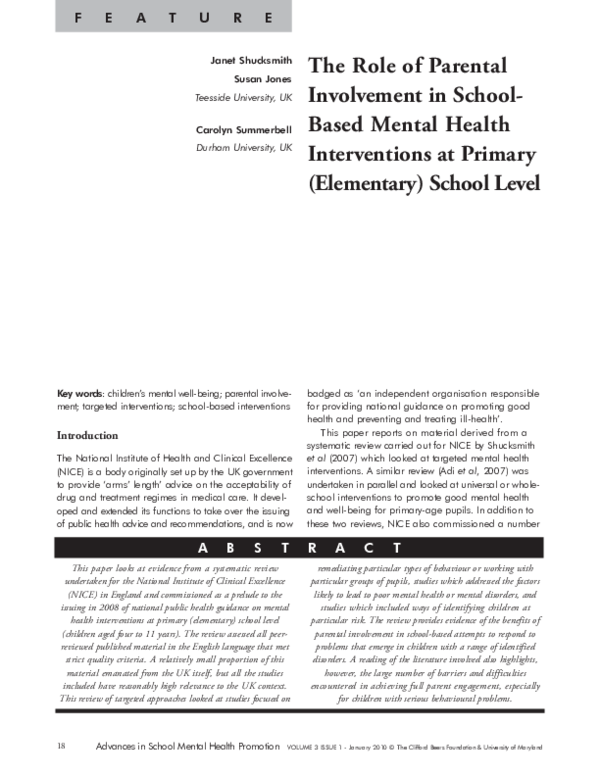 (PDF) The Role of Parental Involvement in School-Based Mental Health ...