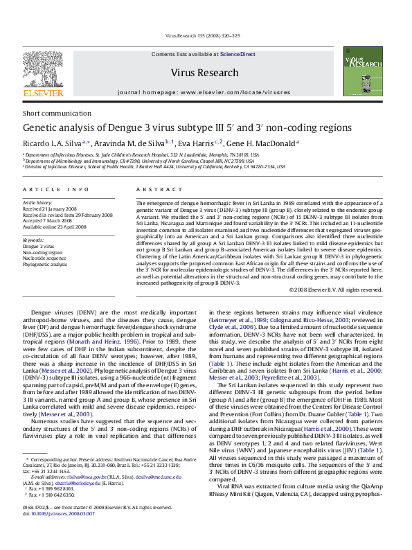 (PDF) Genetic analysis of Dengue 3 virus subtype III 5′ and 3′ non ...