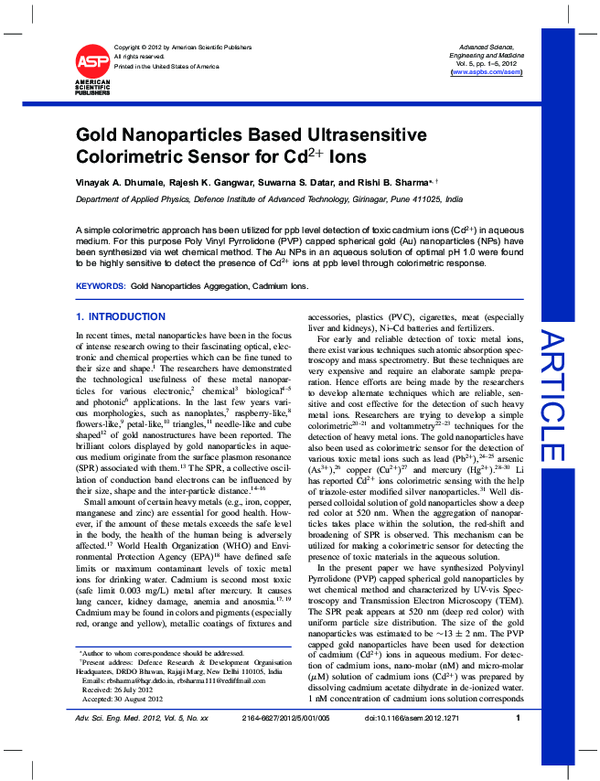 (PDF) Gold Nanoparticles Based Ultrasensitive Colorimetric Sensor for ...