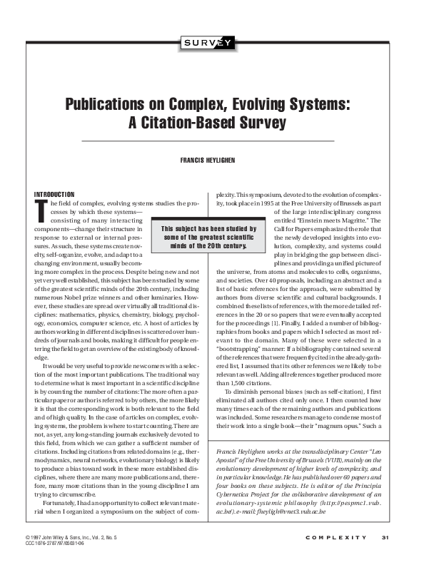 (PDF) Publications on complex, evolving systems: A citation-based survey