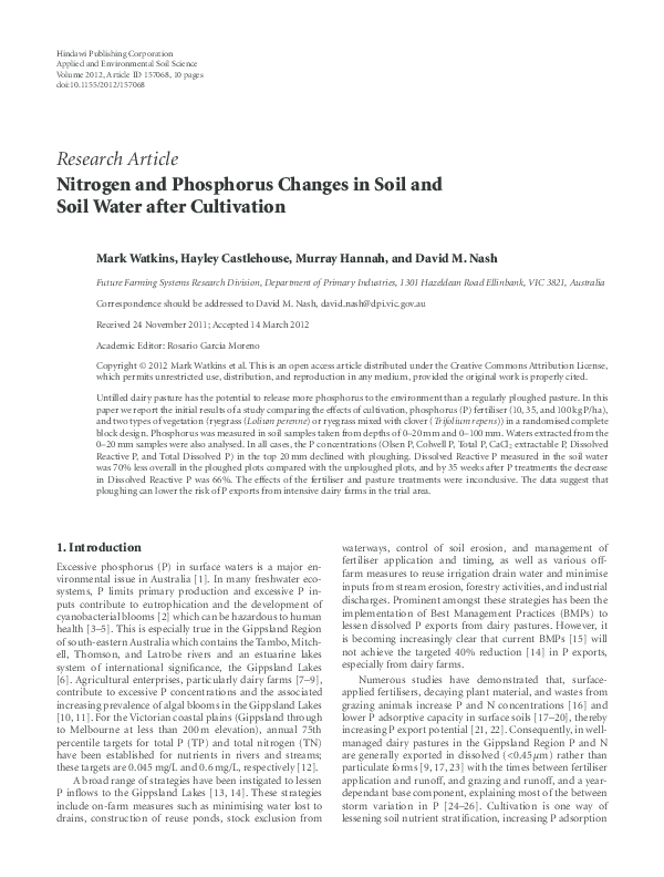 (PDF) Nitrogen and Phosphorus Changes in Soil and Soil Water after ...