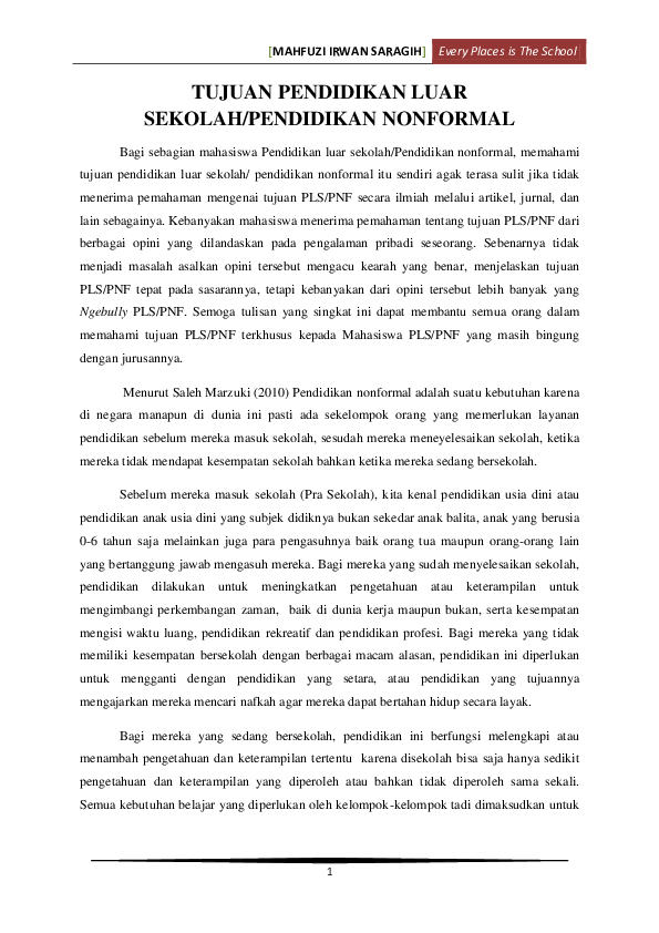 Pdf Tujuan Pendidikan Luar Sekolah Pendidikan Nonformal