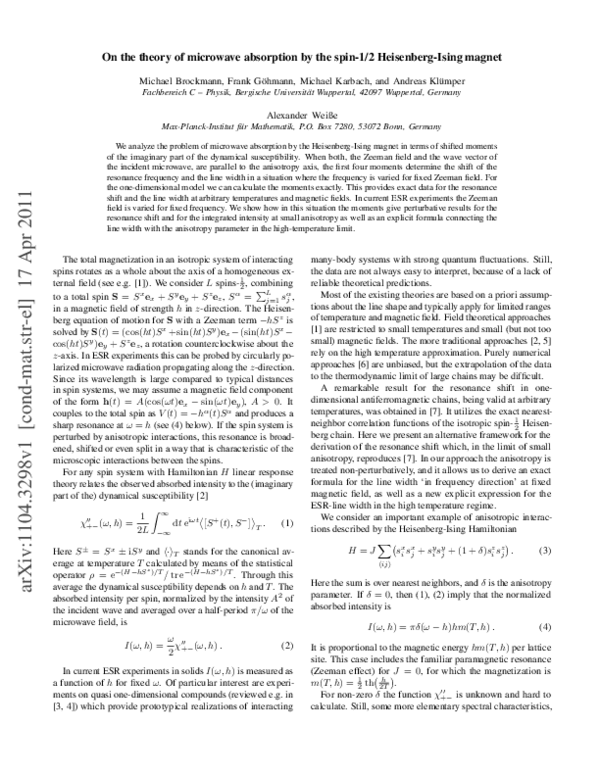 (PDF) On the theory of microwave absorption by the spin-1/2 Heisenberg ...