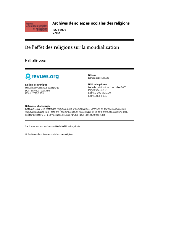 (PDF) De l'effet des religions sur la mondialisation