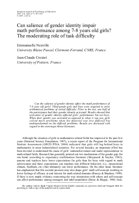 (PDF) Can salience of gender identity impair math performance among 7-8 ...