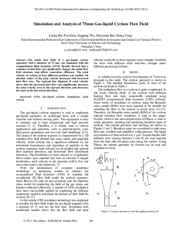 (PDF) Simulation and Analysis of 75mm Gas-liquid Cyclone Flow Field