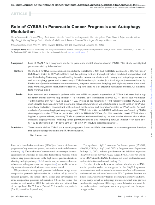 (PDF) Role of CYB5A in Pancreatic Cancer Prognosis and Autophagy