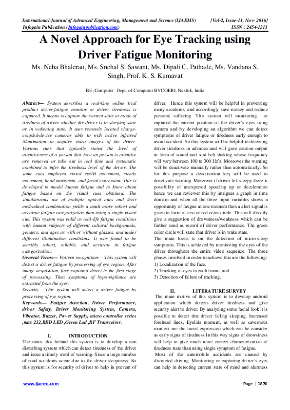 (PDF) A Novel Approach for Eye Tracking using Driver Fatigue Monitoring