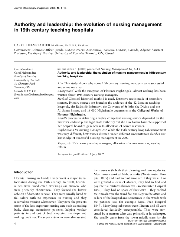 (PDF) Authority and leadership the evolution of nursing management in