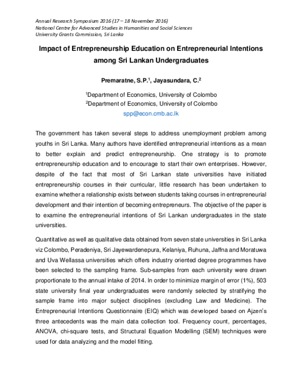 (PDF) Impact of Entrepreneurship Education on Entrepreneurial ...