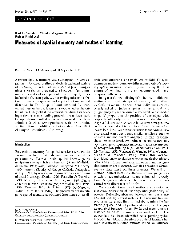(PDF) Measures of spatial memory and routes of learning