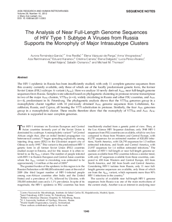 (PDF) The Analysis of Near Full-Length Genome Sequences of HIV Type 1 ...
