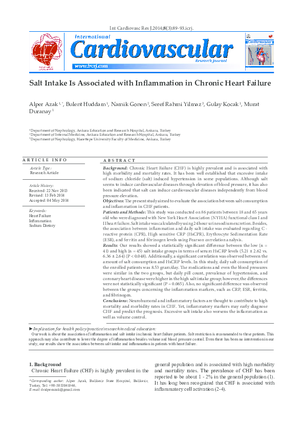 (PDF) Salt Intake Is Associated with Inflammation in Chronic Heart Failure