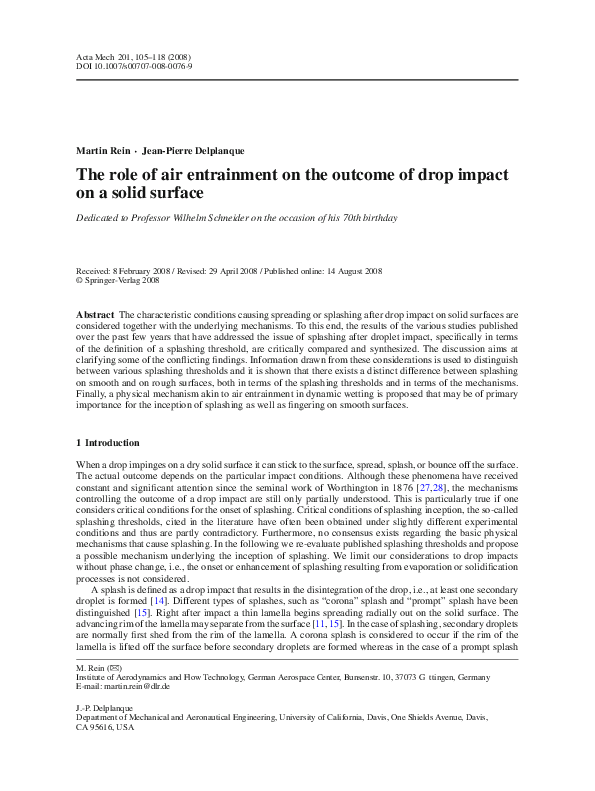 (PDF) The role of air entrainment on the outcome of drop impact on a ...