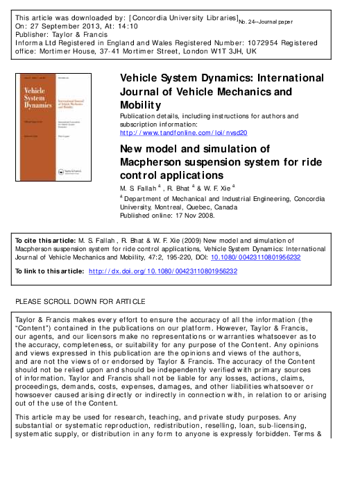 (PDF) New model and simulation of Macpherson suspension system for ride ...