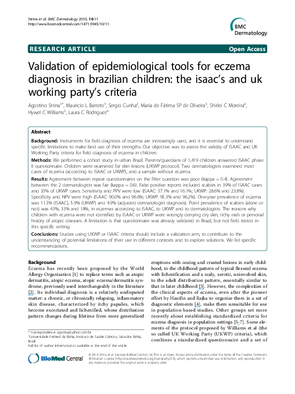 (PDF) Validation of epidemiological tools for eczema diagnosis in