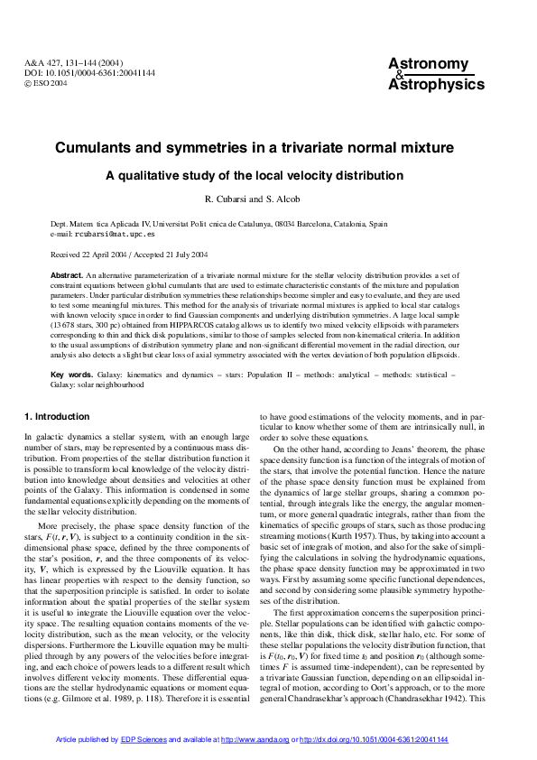 (PDF) Cumulants and symmetries in a trivariate normal mixture. A ...